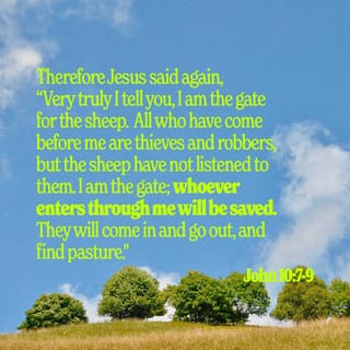 John 10:7-9 - Therefore Jesus said again, “Very truly I tell you, I am the gate for the sheep. All who have come before me are thieves and robbers, but the sheep have not listened to them. I am the gate; whoever enters through me will be saved. They will come in and go out, and find pasture.