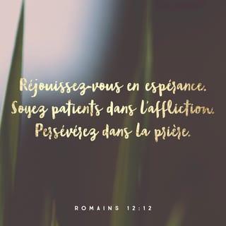 Romains 12:12 - – l’espérance : qu’elle soit votre joie ;
– l’épreuve : qu’elle vous trouve pleins d’endurance ;
– la prière : priez avec persévérance 