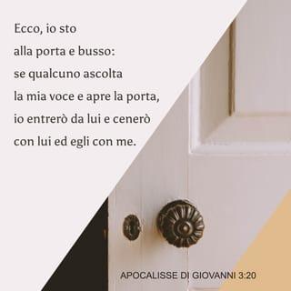 Apocalisse di Giovanni 3:20 - Ecco, io sto alla porta e busso: se qualcuno ascolta la mia voce e apre la porta, io entrerò da lui e cenerò con lui ed egli con me.