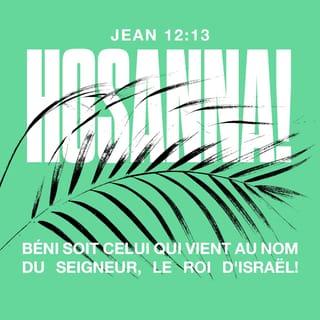 Jean 12:13 - Alors les gens arrachèrent des rameaux aux palmiers et sortirent à sa rencontre en criant :
Hosanna ! Béni soit celui qui vient au nom du Seigneur ! Vive le roi d’Israël !
