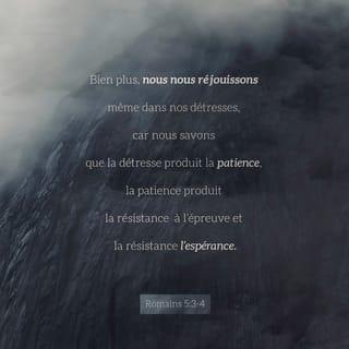 Romains 5:3 - Bien plus, nous nous réjouissons même dans nos détresses, car nous savons que la détresse produit la patience